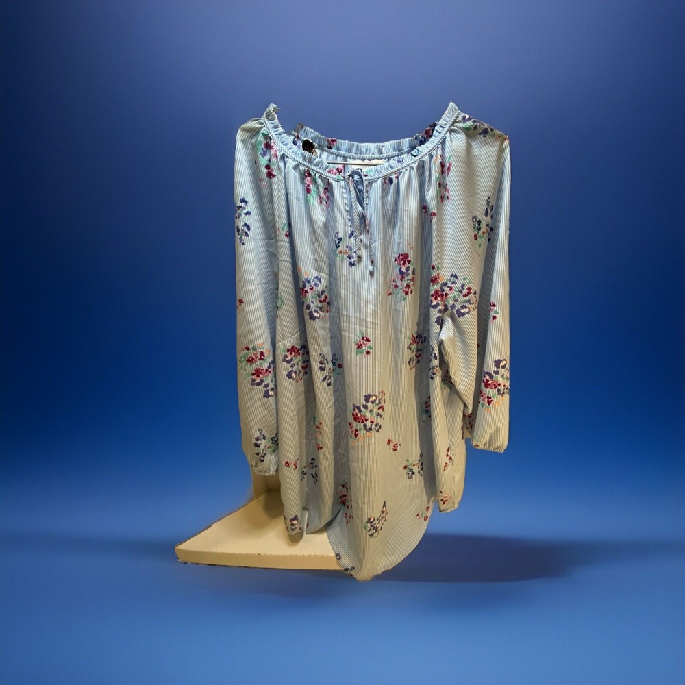 Croft & barrel Women's blue‎ Stripes W/ Flowers cuffed short sleeve blouse 2X